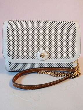 Nwt Tory Burch White Perforated Crossbody with Brown Strap and Gold Chain